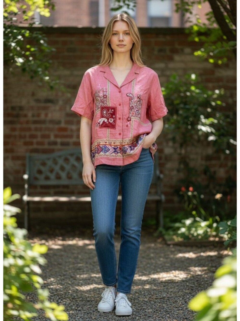 Bobbie Brooks Womens 26W-28W Red Paisley Patchwork Button-Down Short Sleeve Shir